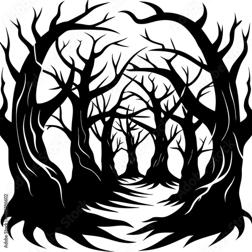 Spooky Halloween forest with twisted trees and eerie vibes. Perfect for posters, prints, digital designs, and creepy seasonal decor.