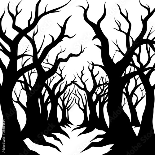 Haunted Halloween forest vector with bare, curling trees. Use for eerie printables and horror-themed digital designs.
