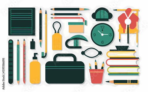 Office Supplies Still Life Vector: Desk Items Illustration Design