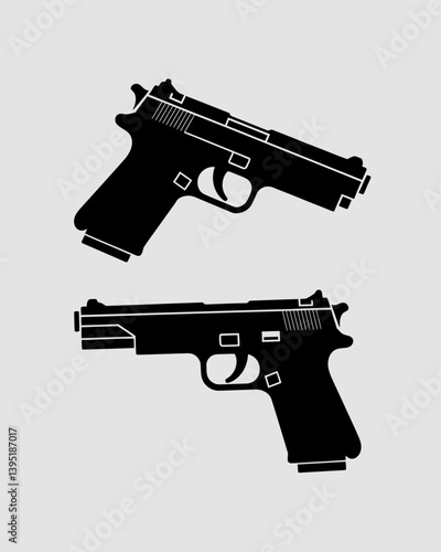 Two Black Pistol Silhouettes, Weaponry, Sidearms, Gun Vector Art