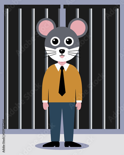 Cartoon man with mouse head in jail - Humorous jailbreak attempt illustration