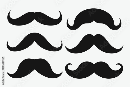 Collection of Six Black Decorative Moustaches, Stylized ClipArt Set on White Background