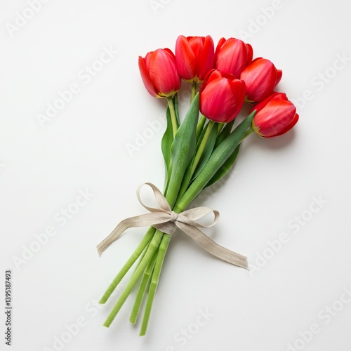 A small, understated bouquet of tulips tied with a thin linen ribbon.