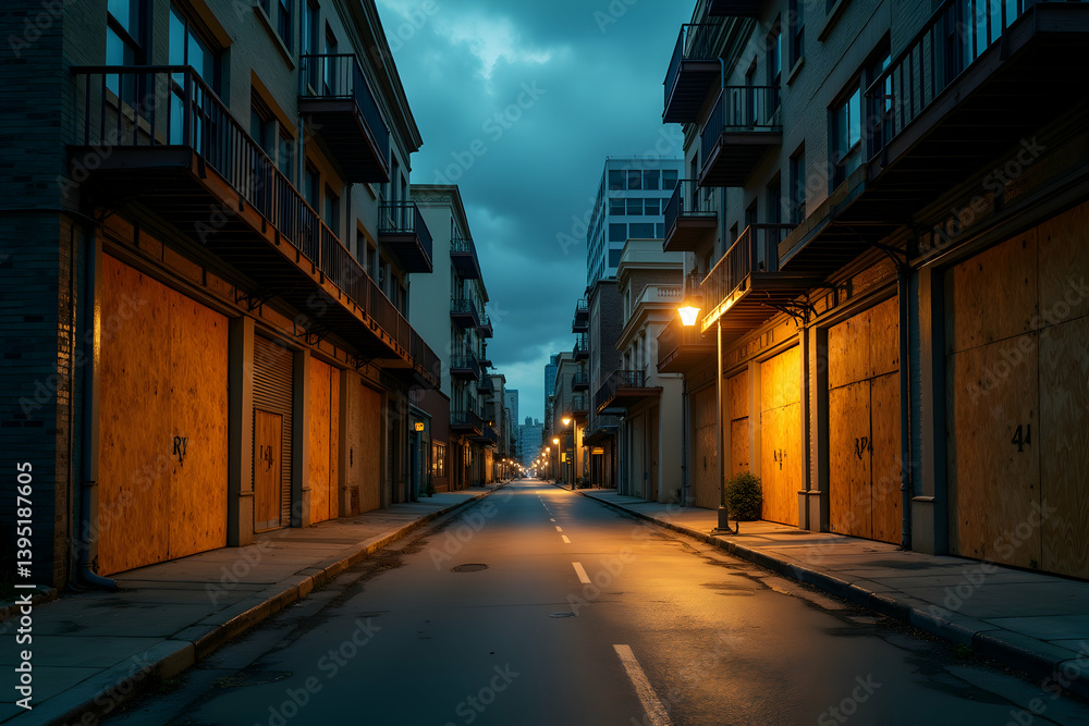 Fototapeta premium Urban Isolation, A Desolate Street Scene at Twilight with Boarded-Up Buildings and Softly Lit Streetlights casting long shadows, evoking a sense of mystery