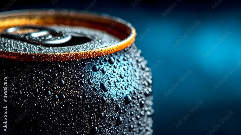 Close-up shot of a cold, condensation-covered aluminum beverage can with a golden top against a dark blue background. Close-up shot of a cold, condensation-covered aluminum beverage can with a golden top against a dark blue background.