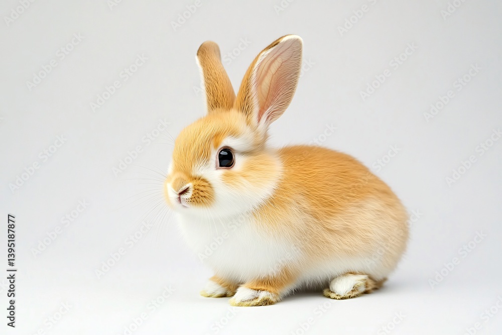 Obraz premium An adorable fluffy orange and white bunny rabbit sits peacefully against a soft, neutral background.