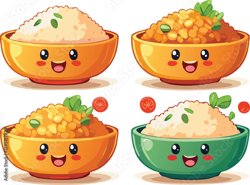 Cute Chibi Rice and Dal Bowls Pixel Art Illustration