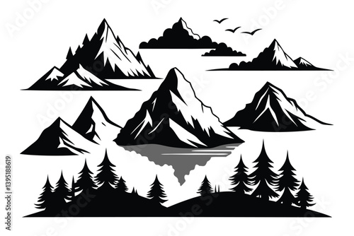 Black and White Mountain Range Silhouettes with Pine Trees and Birds Isolated on White