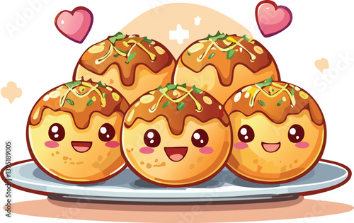 Smiling Chibi Takoyaki Balls on Plate