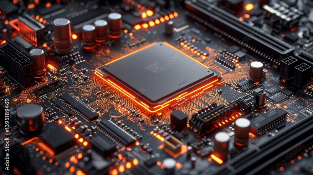 Close Up of Glowing Orange Microchip on Black Circuit Board Close Up of Glowing Orange Microchip on Black Circuit Board