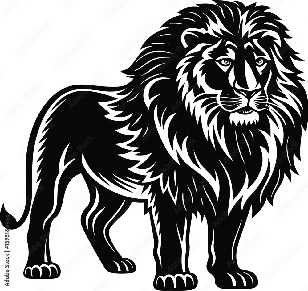 Obraz premium Wild animal silhouette of a lion in black, capturing the majestic and fearless nature of this iconic creature. Perfect for tattoos, sports graphics, or mascots.