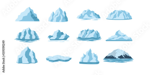 Frozen iceberg set. Vector icon collection of ice floes, glaciers, iceberg pieces floating in ocean, winter ice peak. Global warming, climate change. North sea or arctic ocean. Antarctic rock panorama
