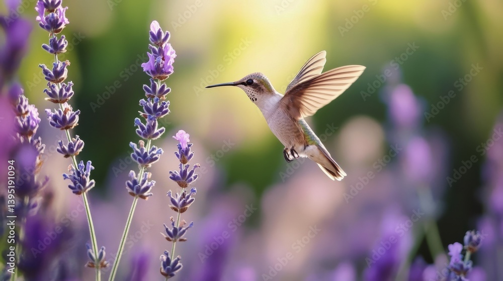 Naklejka premium A delicate hummingbird hovers gracefully beside vibrant lavender blooms, illuminated by soft, golden sunlight, capturing a moment of nature's elegance and harmony.