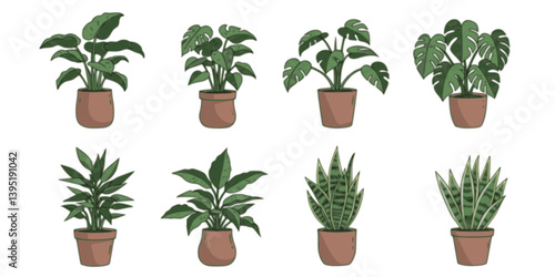 Houseplants. Vector set of house decor with plants, succulents in pot. Indoor exotic flowers with stems and leaves. Monstera, Ficus, pathos, yucca, dracaena, cacti, snake plant for home and interior