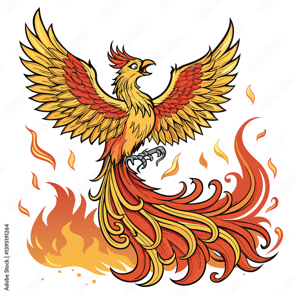 Create a bold, vector illustration of a Japanese phoenix, Hou-ou, with dynamic, flowing strokes and vibrant color. Emphasize powerful wing movements. Create a bold, vector illustration of a Japanese phoenix, Hou-ou, with dynamic, flowing strokes and vibrant color. Emphasize powerful wing movements.