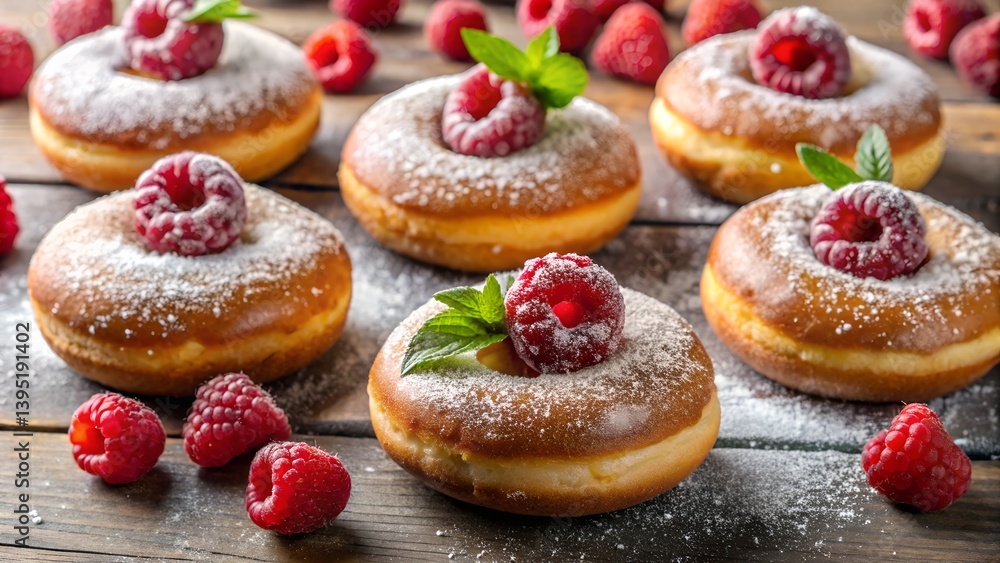 tasty donuts coated in berry glaze, topped with raspberries, and surrounded by powdered sugar tasty donuts coated in berry glaze, topped with raspberries, and surrounded by powdered sugar