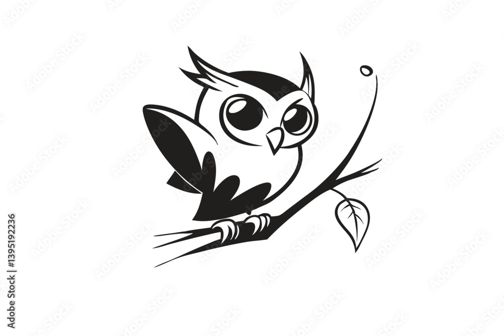 Fototapeta premium Minimalist Owl Icon on Branch, Black and White Illustration, Cartoon Bird Design, Cute Eyes