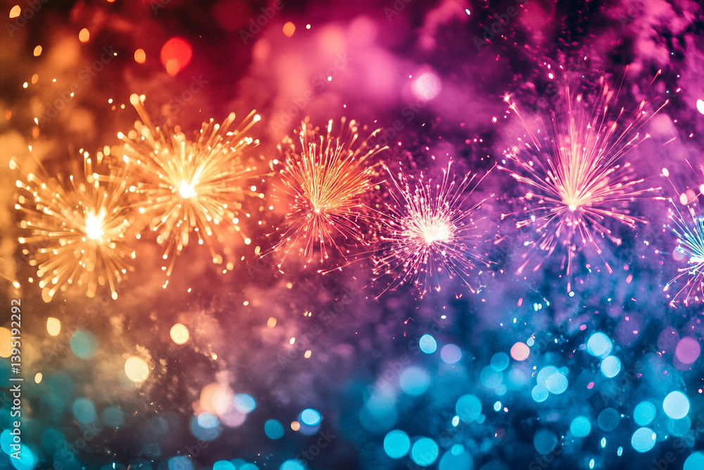 Fototapeta premium Vibrant Fireworks Display Over Crowded Carnival with Ferris Wheel and Amusement Rides at Night, Generative AI