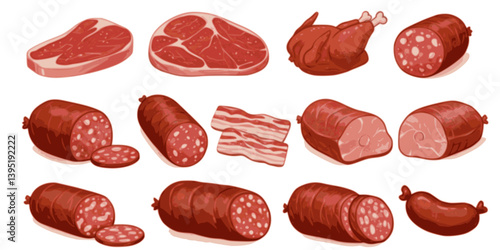 Meat products. Vector icon set of steak, salami, pork bacon, chicken, chorizo, ham, bbq frankfurters sausages, pepperoni. Meat market, butchery menu, shop products, grill bar. Barbecue delicatessen