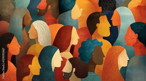 Vibrant and colorful illustration of diverse people from various ethnicities,DEI theme strategy.