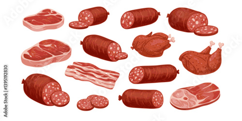 Meat products. Vector icon set of steak, salami, pork bacon, chicken, chorizo, ham, bbq frankfurters sausages, pepperoni. Meat market, butchery menu, shop products, grill bar. Barbecue delicatessen