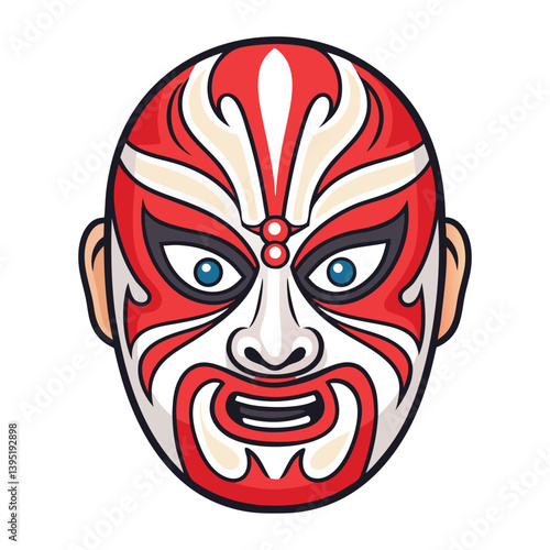 Create a bold, vector illustration of a Kabuki mask, emphasizing dramatic features and strong brushstrokes.  Include vibrant colors and dynamic lines.