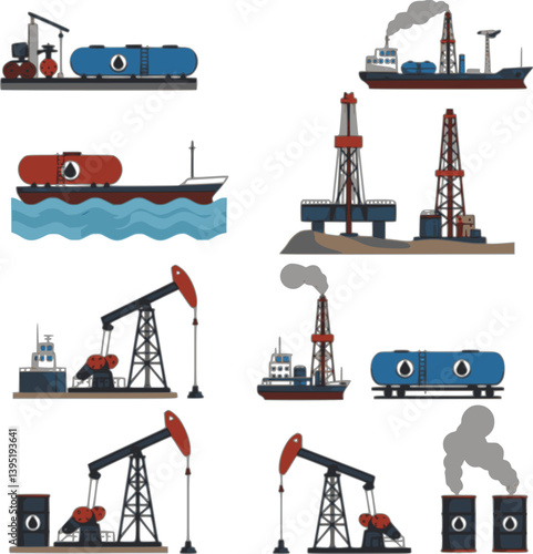 Oil gas industry. Vector set of oil well and rig, extraction production and transportation oil, fuel and petrol in tankers, ships, railways. Barrels,oil pump tower,derrick drilling, water rig platform