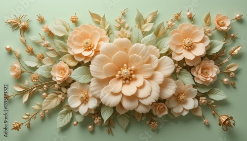 3d Wallpaper Floral Arrangement with Peach Flowers and Pearls on a Light Green Background