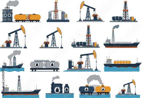 Oil gas industry. Vector set of oil well and rig, extraction production and transportation oil, fuel and petrol in tankers, ships, railways. Barrels,oil pump tower,derrick drilling, water rig platform