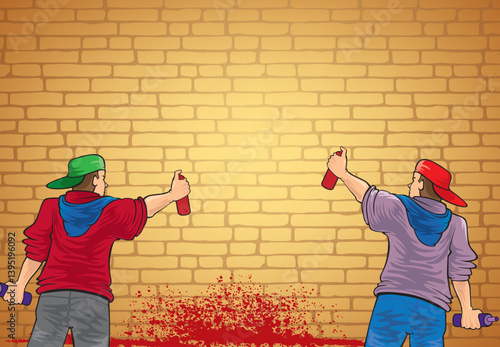 Two young street artists start painting graffiti on a wall
