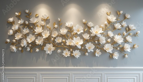 3d Wallpaper Floral Wall Art White Flower Arrangement with Gold Branches on Gray Wall