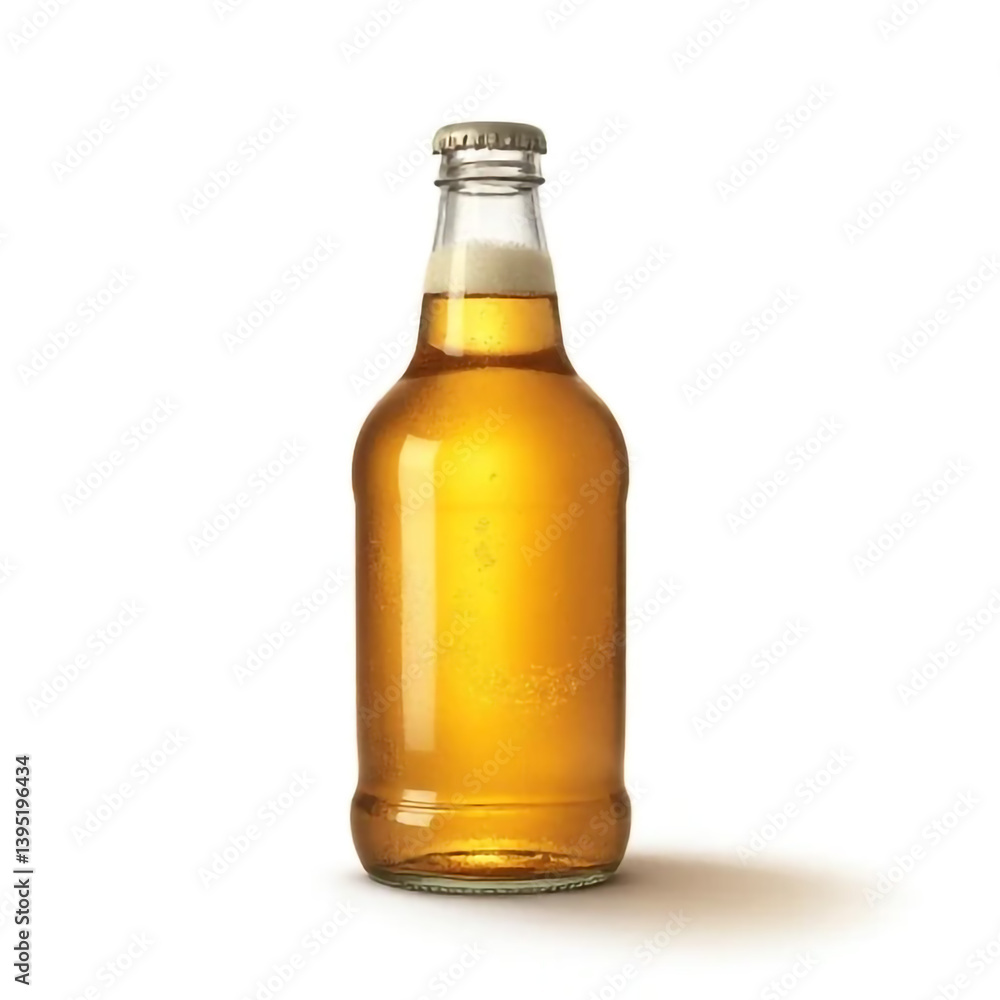 A refreshing bottle of golden beer, perfect for a sunny afternoon, with a clear glass bottle and a silver cap. A refreshing bottle of golden beer, perfect for a sunny afternoon, with a clear glass bottle and a silver cap.