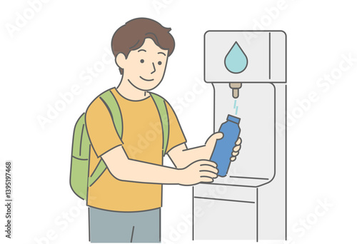 Man Refilling a Reusable Water Bottle at a Water Dispenser