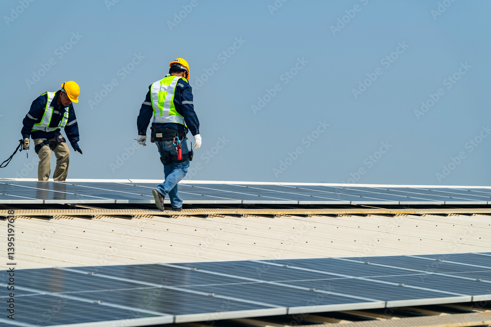 Two engineers install solar panels on a rooftop, wearing safety gear and helmets. The scene showcases renewable energy, green technology, and sustainable solutions under a clear blue sky. Two engineers install solar panels on a rooftop, wearing safety gear and helmets. The scene showcases renewable energy, green technology, and sustainable solutions under a clear blue sky.