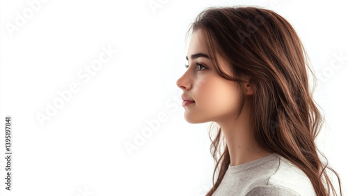 A young woman in casual  The side view  isolated on a white background