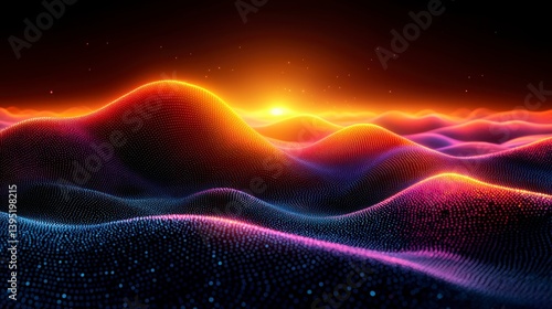 Vibrant Sunset Landscape with Glowing Particles and Waves