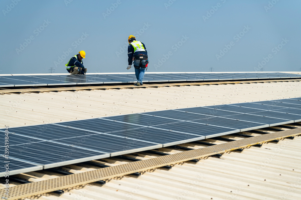 Fototapeta premium Two engineers install solar panels on a rooftop, wearing safety gear and helmets. The scene showcases renewable energy, green technology, and sustainable solutions under a clear blue sky.
