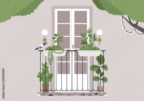Serene Balcony Scene With Visiting Pigeon at Dusk, A tranquil terrace adorned with plants and a bird perched on the railing under soft evening lights