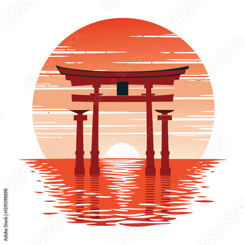Create a bold, vector illustration of a majestic red torii gate, emphasizing strong brush strokes and vibrant color.  High detail, Japanese style.