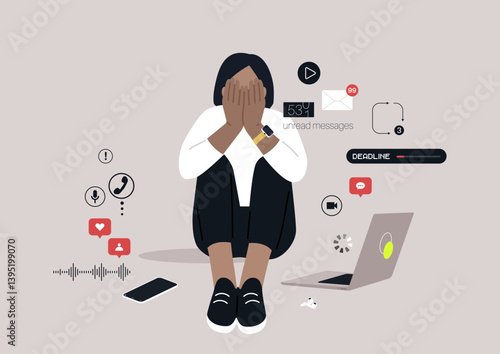 In a contemporary setting, an individual sits on the floor, hands covering their face, surrounded by numerous digital notifications and a laptop, illustrating the weight of constant distractions