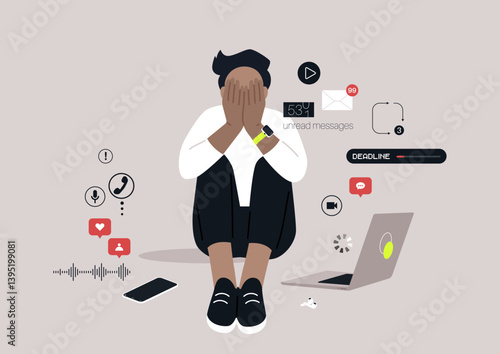In a contemporary setting, an individual sits on the floor, hands covering their face, surrounded by numerous digital notifications and a laptop, illustrating the weight of constant distractions