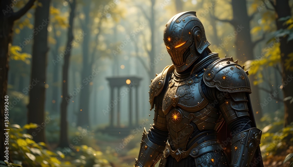 Majestic Knight in Ornate Armor Stands Guard in Enchanting Forest Majestic Knight in Ornate Armor Stands Guard in Enchanting Forest
