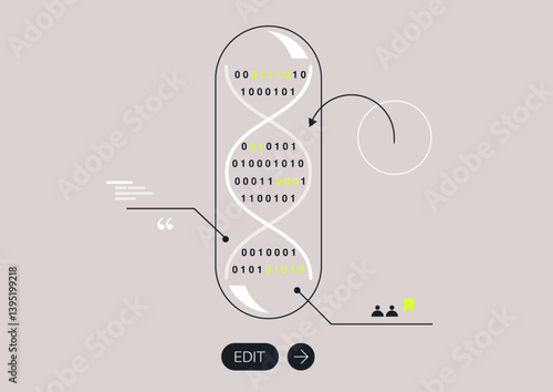 Futuristic diagram highlights the concept of DNA code editing, featuring binary sequences and complex connections, showcasing innovation in genetic research and modifications in an engaging design