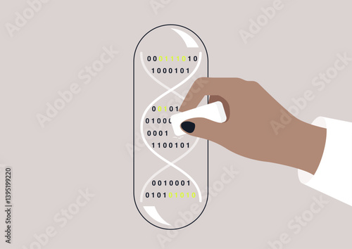 A hand carefully edits sequences of DNA code displayed as binary digits, representing cutting-edge technology and scientific advancements in genetic engineering and biomedicine