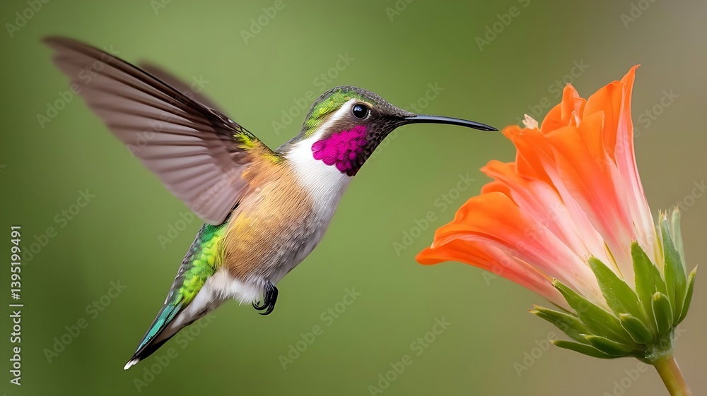 Fototapeta premium Ruby-Throated Hummingbird Hovering Near Flower – Colorful Bird in Motion Perfect for Nature Photography, Garden Wildlife, and Floral Pollination Scene Designs.
