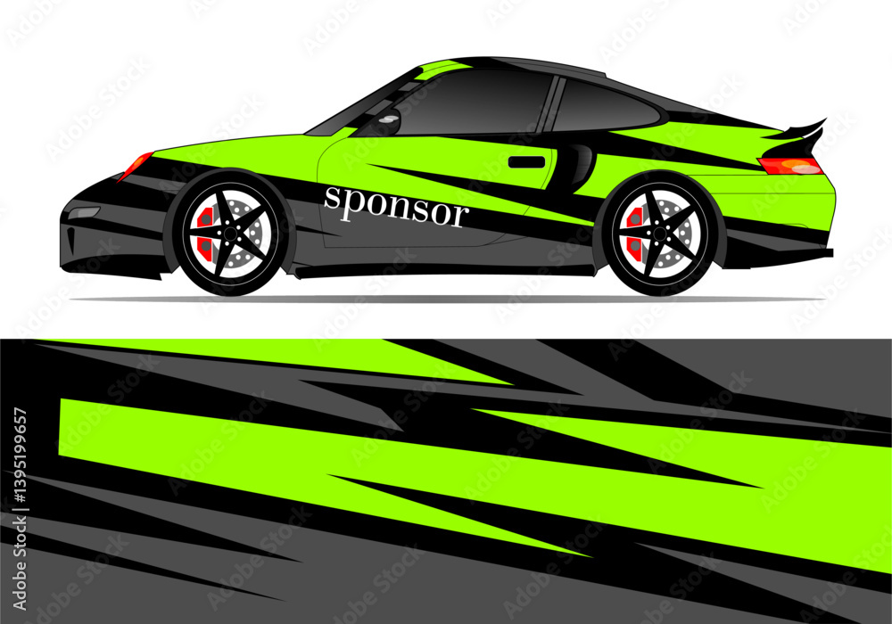 Sleek black and green sports car design showcasing dynamic graphics on a white background Sleek black and green sports car design showcasing dynamic graphics on a white background