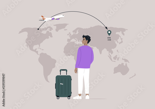 A character stands with a suitcase, gazing at a flight path on a world map as a plane flies overhead, symbolizing global travel and anticipation of exploration
