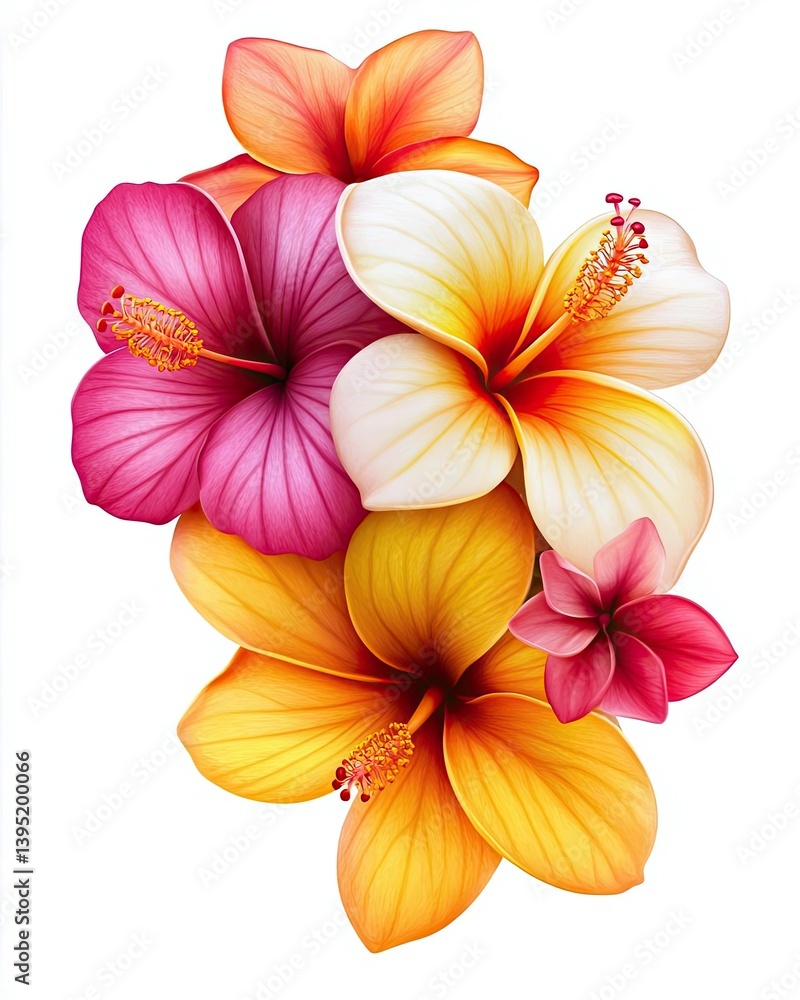 Fototapeta premium Isolated on solid white background, vibrant tropical flowers including hibiscus and plumeria, exotic and colorful floral arrangement