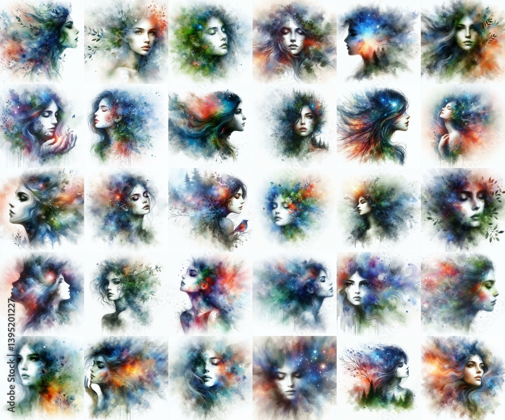 Soul of nature. Yong girl and flora. Watercolor drawing. AI generated illustration