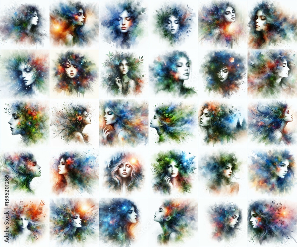 Soul of nature. Yong girl and flora. Watercolor drawing. AI generated illustration